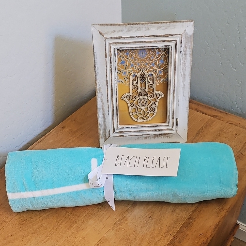 Rae Dunn Beach Towel, BEACH PLEASE, Aqua/White